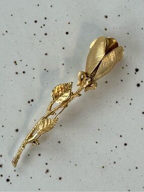 Gold Rose Stem Brooch - Elegant Floral Pin